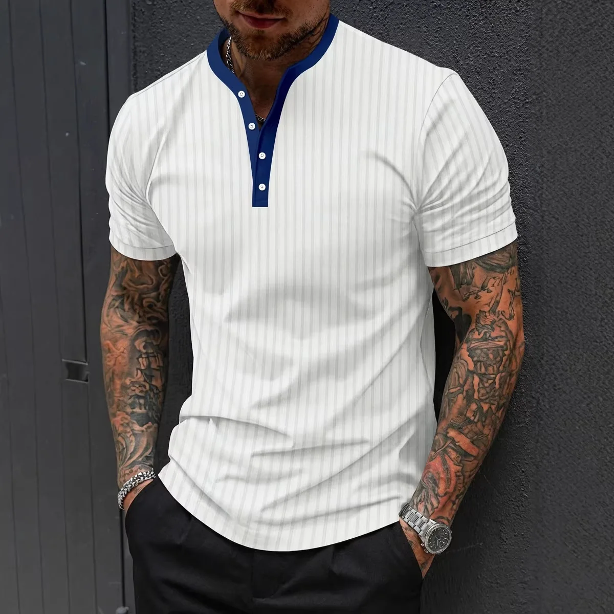 

Men's Summer Casual T-shirt Fashion V-neck Stripe Breathable Quick Drying Men's Casual Sports Henley Tee Suitable for daily wear