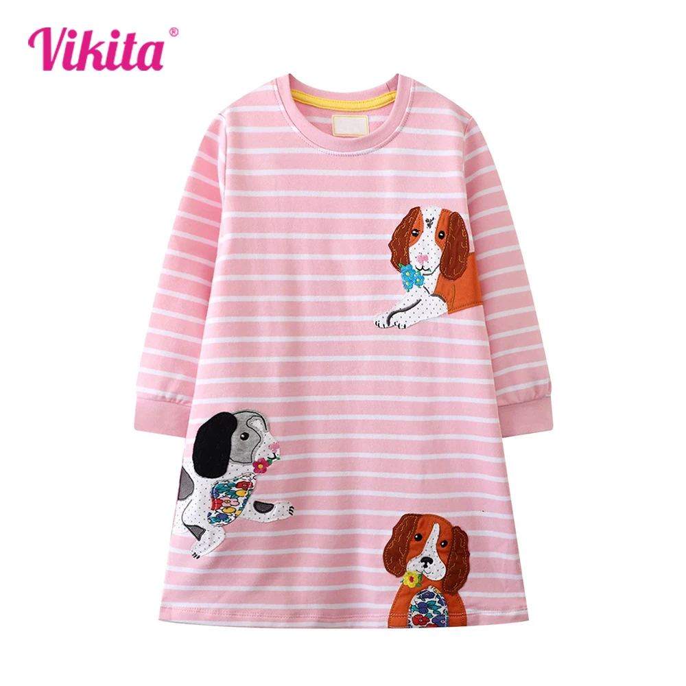 

VIKITA 2025 New Children Casual Costumes Girls Pink Striped Long Sleeve Autumn Spring Straight Dresses Kids Dog Appliqued Frock
