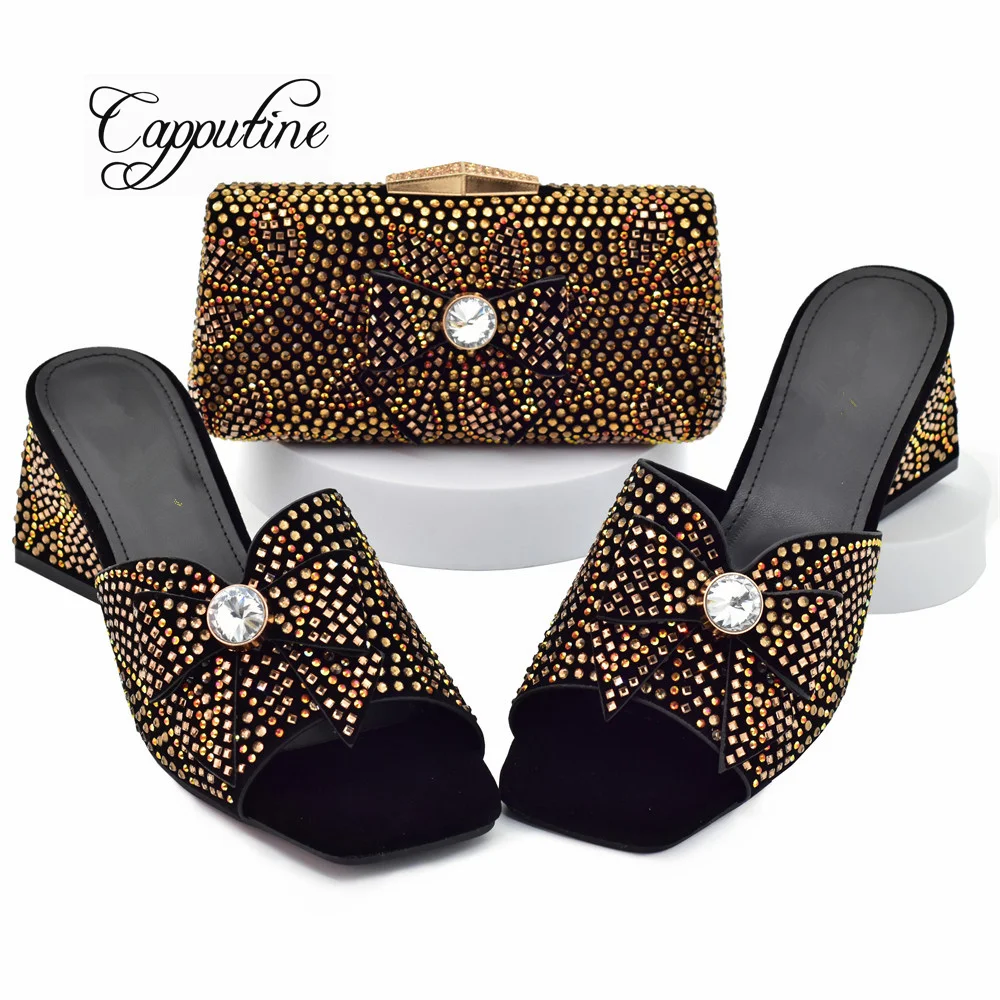 Gold Women Shoes And Bag Set African Stones Slippers Match With Purse Handbag Ladies High Heels Pumps Pantoufle Femme 938-75