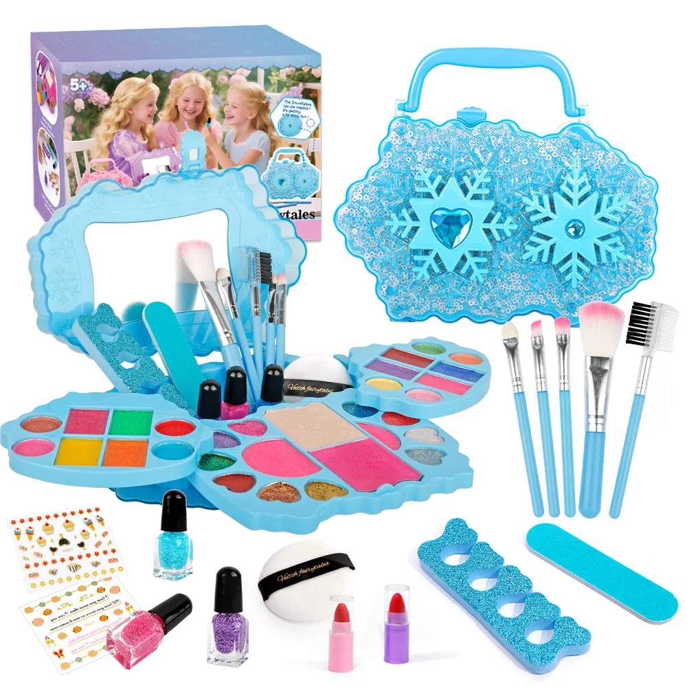 

Детский моющийся набор косметики для девочек, настоящий набор для макияжа, набор для маникюра для девочек в снежной коробке