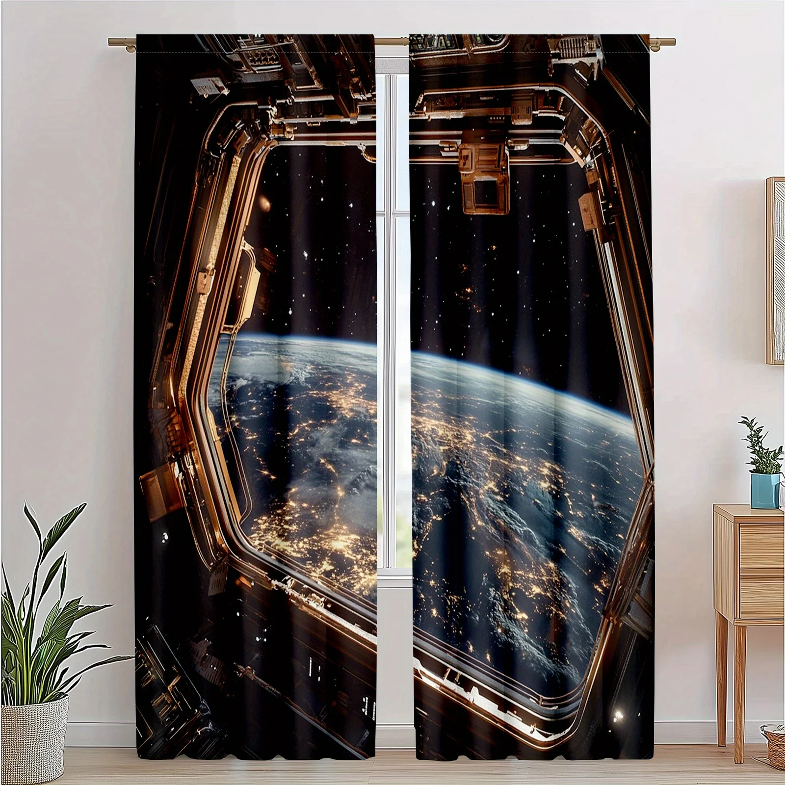 Space View Curtain Window Treatment Futuristic Earth Panorama Galactic Cosmic SciFi Room Decor Curtains Panel Bedroom Living