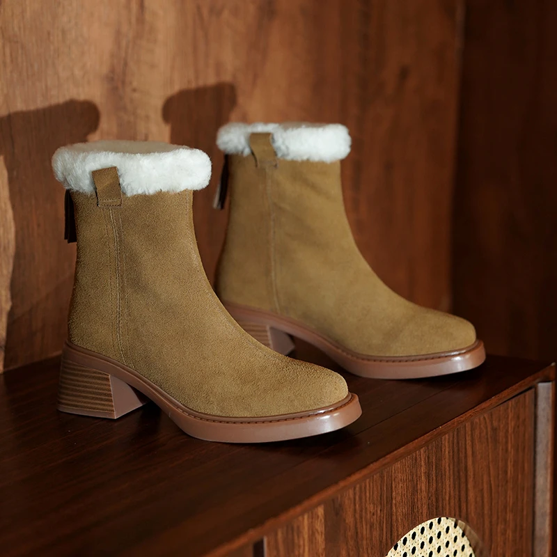 

2024 Winter Women Boots Cow Suede Women Shoes Round Toe Chunky Heel Short Boots Genuine Leather Ladies Wool Modern Snow Boots