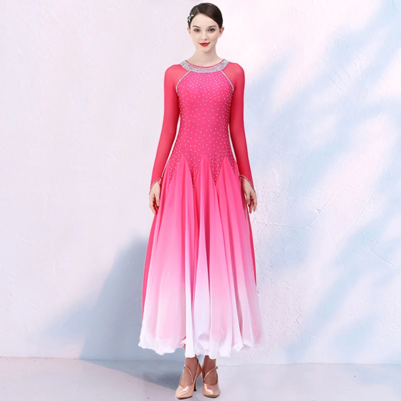 Drijvende mouwen ronde hals diamantgradiënt vrouwen ballroom danswedstrijd jurk wals jurk rumba danskostuums baljurk