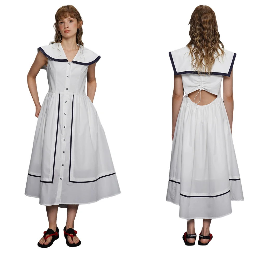Spring Summer Original Design Women Light French Young Navy Style White Shirt Dresses