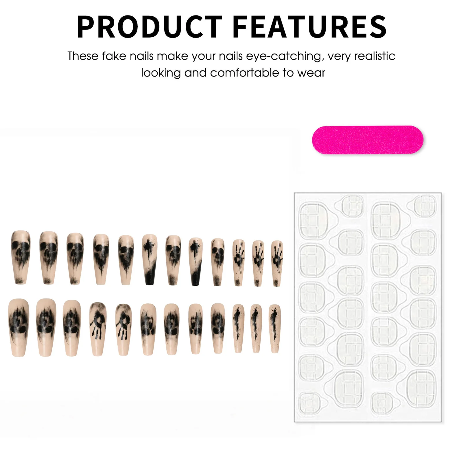 Press On Nails Spooky Halloween Costume for Women Men Matte Black Skull Broken Hand Fake Nails ABS Acrylics 24 Pcs Set