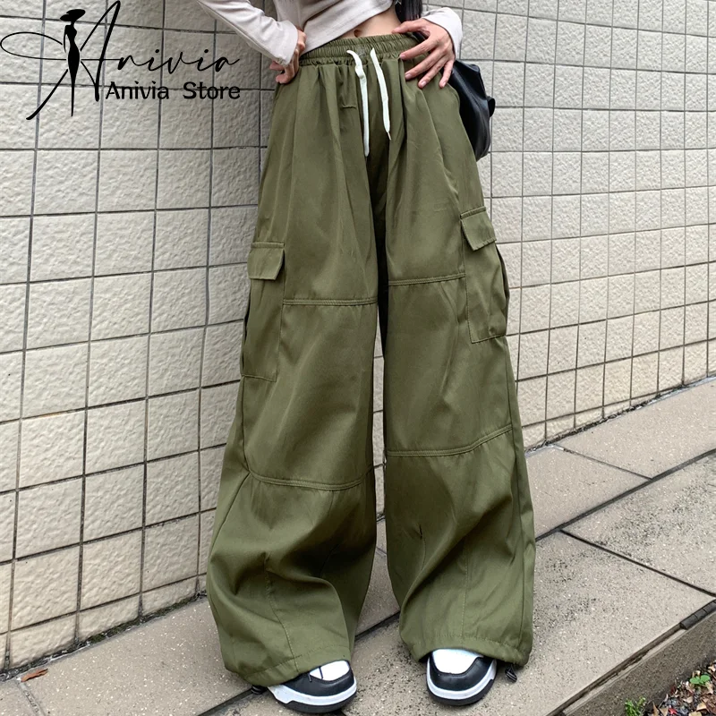 

Y2K Pant Women Drawstring Pockets Wide Leg Chic Punk Pants Green Red Baggy Striped Sports Sweatpants Parachute Jogger Trousers