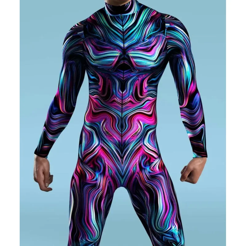 Costume de batterie imprimé 3D pour hommes, combinaison de paupières sexy, fermeture à glissière avant, combinaisons colorées Zentai, tenue de vacances de carnaval, costume de cosplay