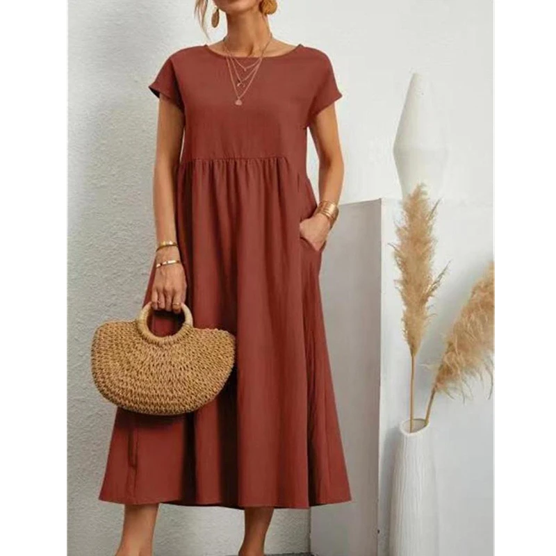 Odzież damska Casual Loose Vintage Cotton Linen Beach Midi sukienka letnia prosta O Neck jednolite, z kieszeniami Shrot rękaw sukienki szata