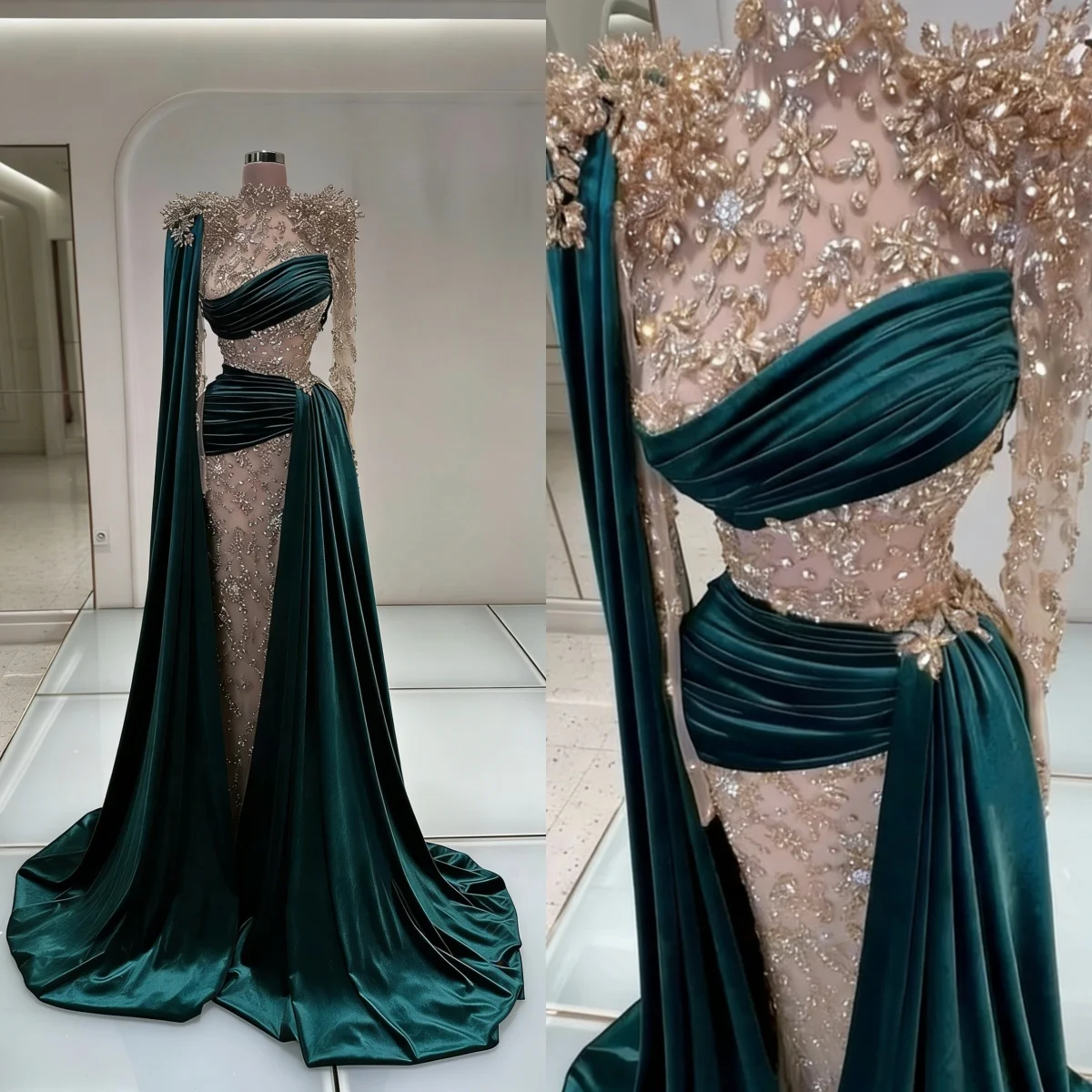 

Exquisite Velvet Evening Dresses Long Cape Hand Made Beading Mermaid Pageant Birthday Prom Party Gowns Muslim Customized