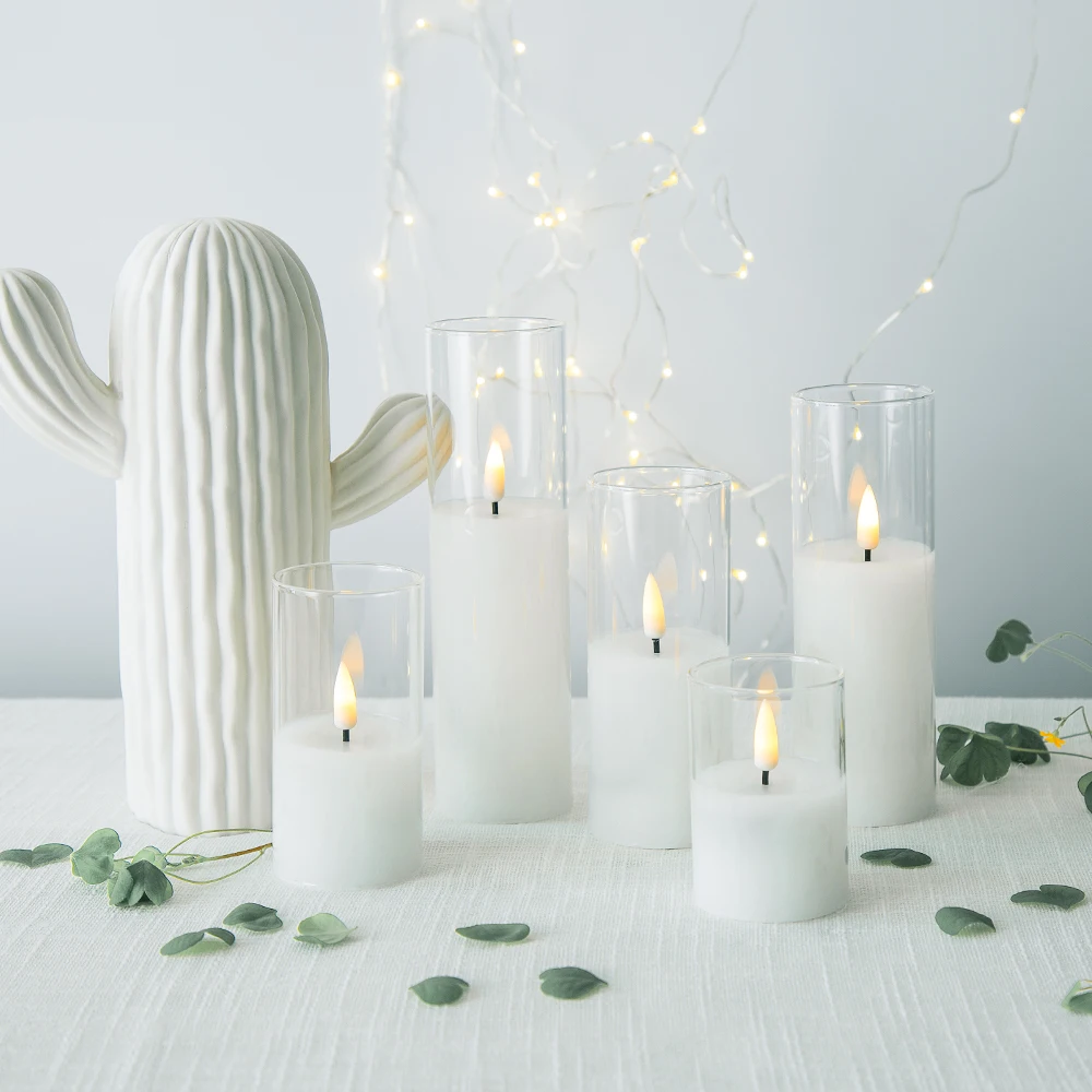 Carolf 5 pillar white glass led candle holder for home decoration