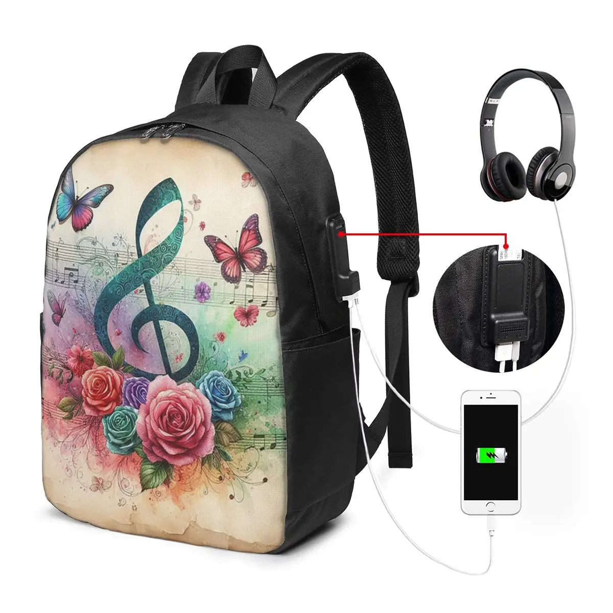 Vintage Butterfly Flowers And Music Notes Backpack Travel Notebook Bag Computer College Student School Bag Laptop Shoulder Bags