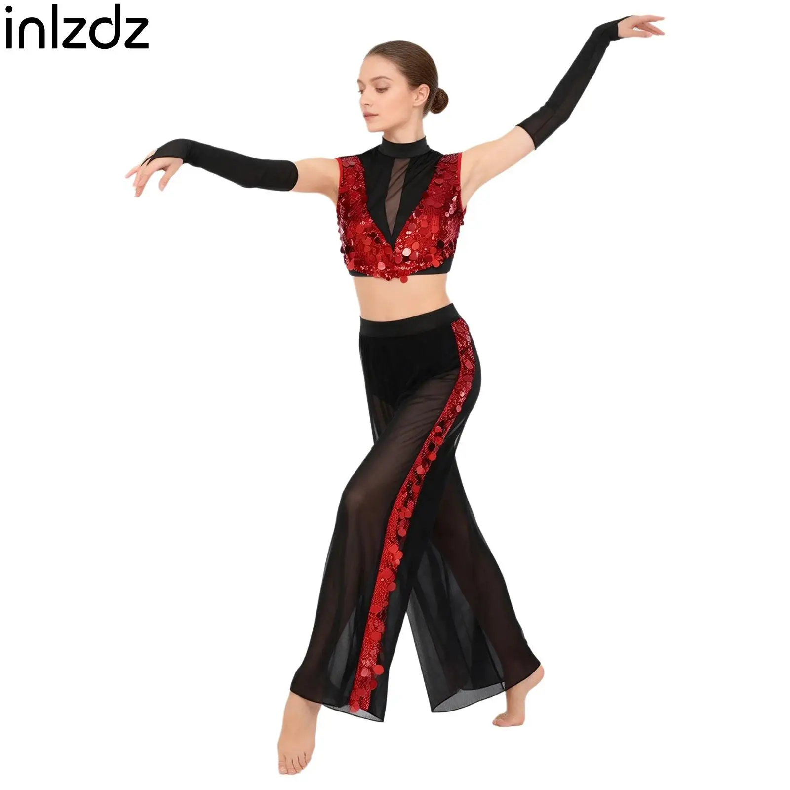

Womens Elegant Latin Jazz Dance Clothes Sleeveless Glitter Sequined Crop Top with Gloves and Wide Leg Pants Ballerina Costumes