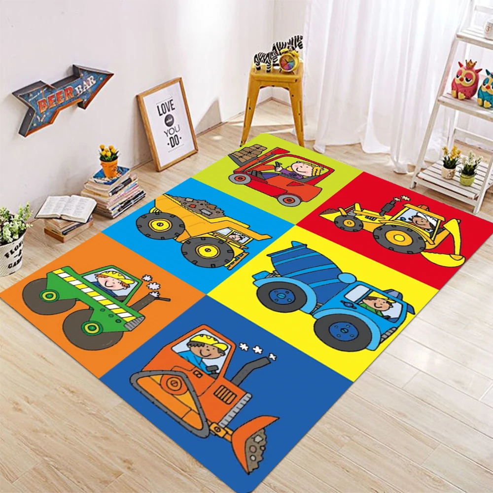 Cartoon Excavator  Printed Carpet,  Favorite Engineering Vehicle Theme Home Decoration Props Anti Slip