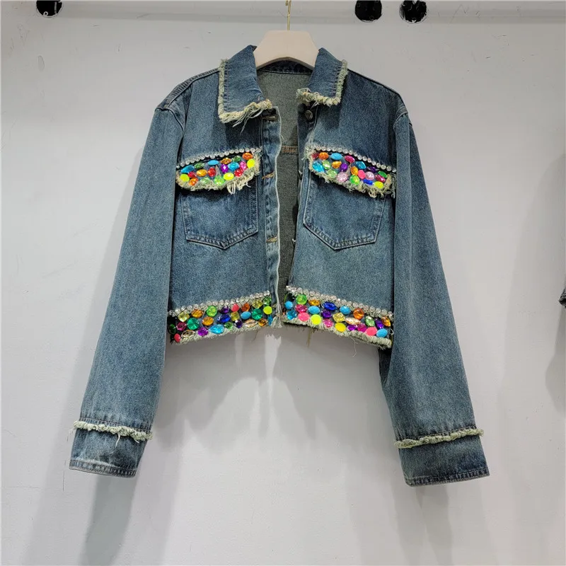 

Harajuku Vintage Diamond Short Blue Denim Jacket Spring New Women Frayed Burrs Lapel Long Sleeve Jeans Jacket Coat Veste Femme