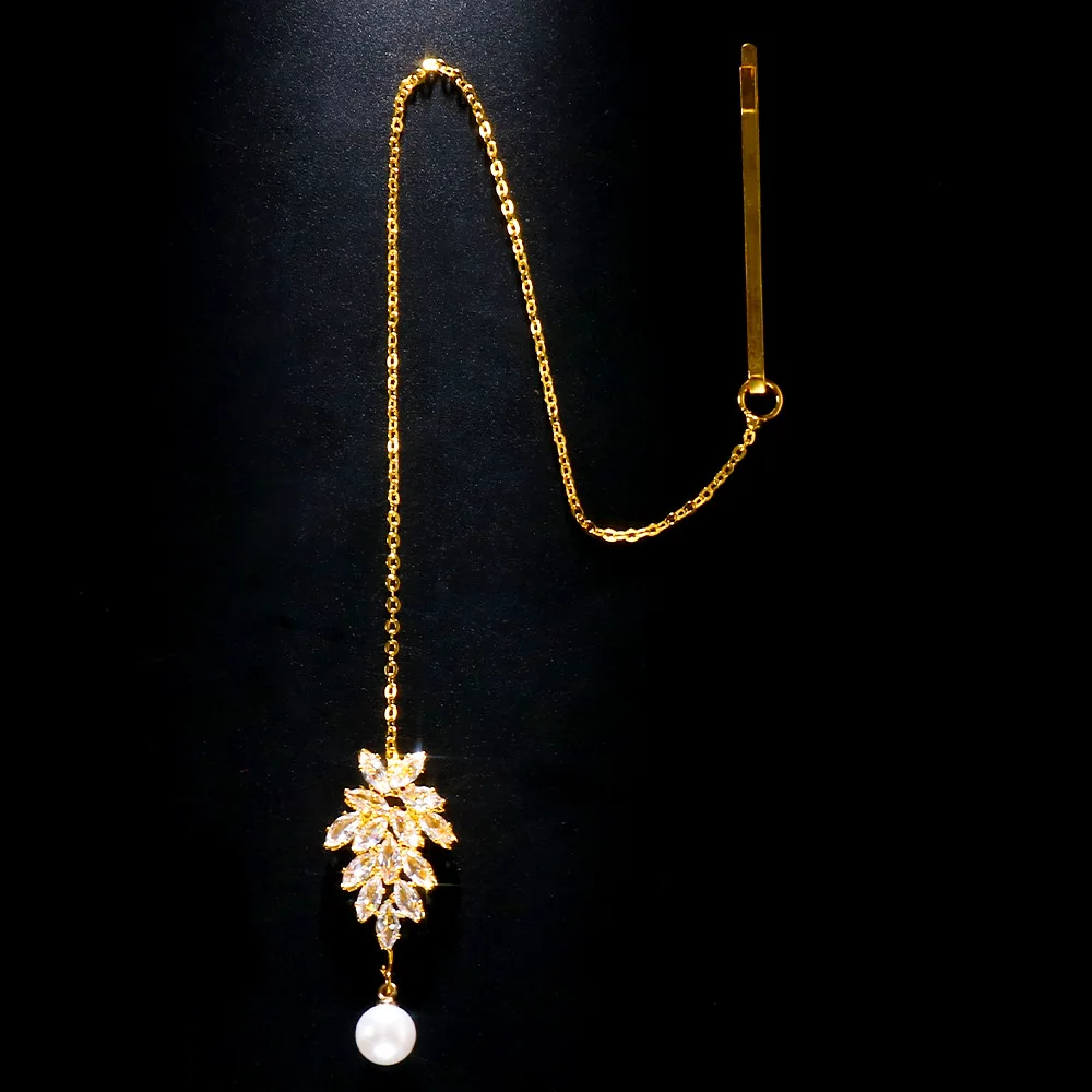 Stonefans Elegant Zircon Forehead Chain Headpiece Wedding Accessories 2023 Pearl Pendant Indian Bridal Hair Jewelry for Women