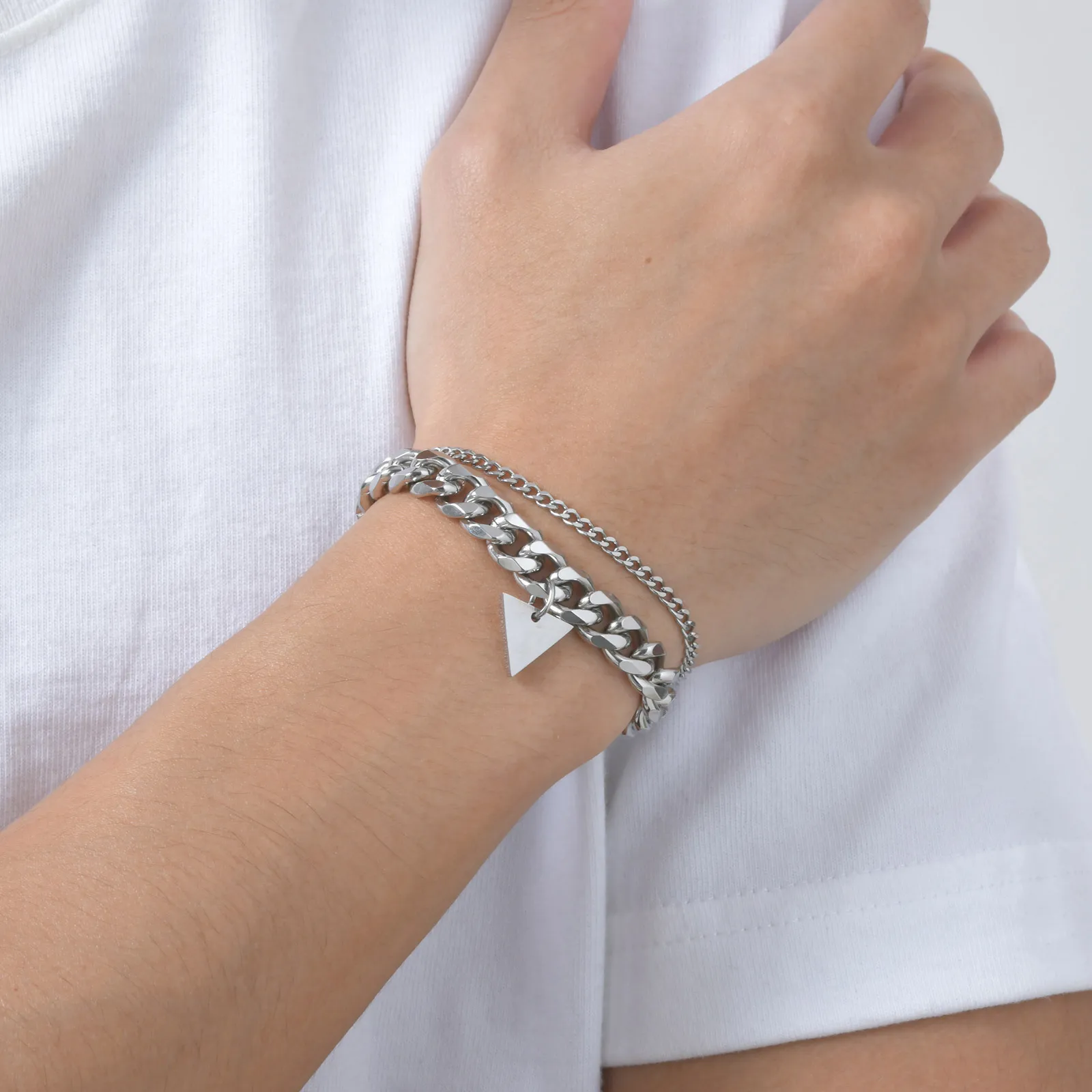 New Inverted Triangle Chain Bracelets for Men Boys,Never Fade Silver Color Cuban Chain Links Wristband,Hip Hop Jewelry Gifts