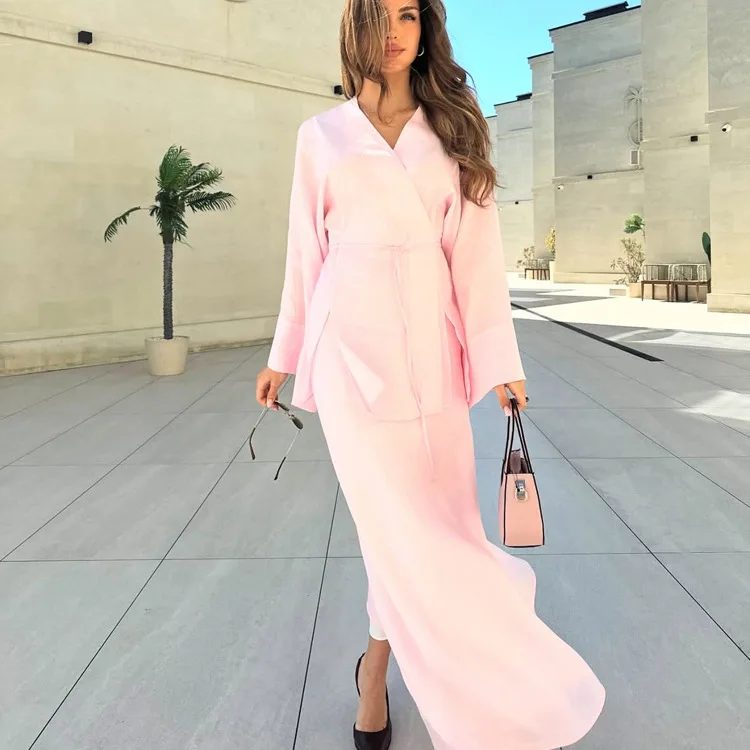 

Spring New Work Office Lady Two Piece Set Arrival V-Neck Long Sleeve Design Front Tie Top and Midi Skirt Two-Piece Office Set
