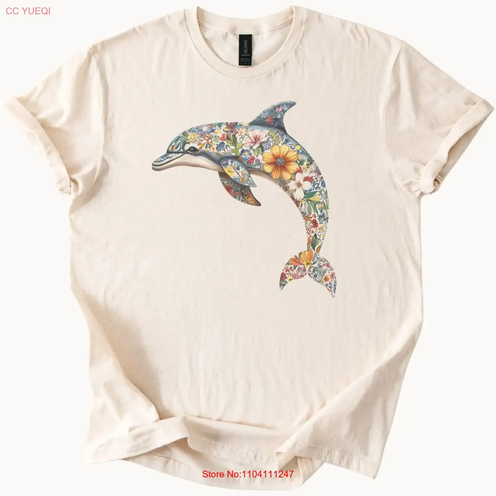 Floral Dolphin T Shirt Flower Print Ocean Animal vintage Washed Comfortable designer clothes fashion Soft graphic homme