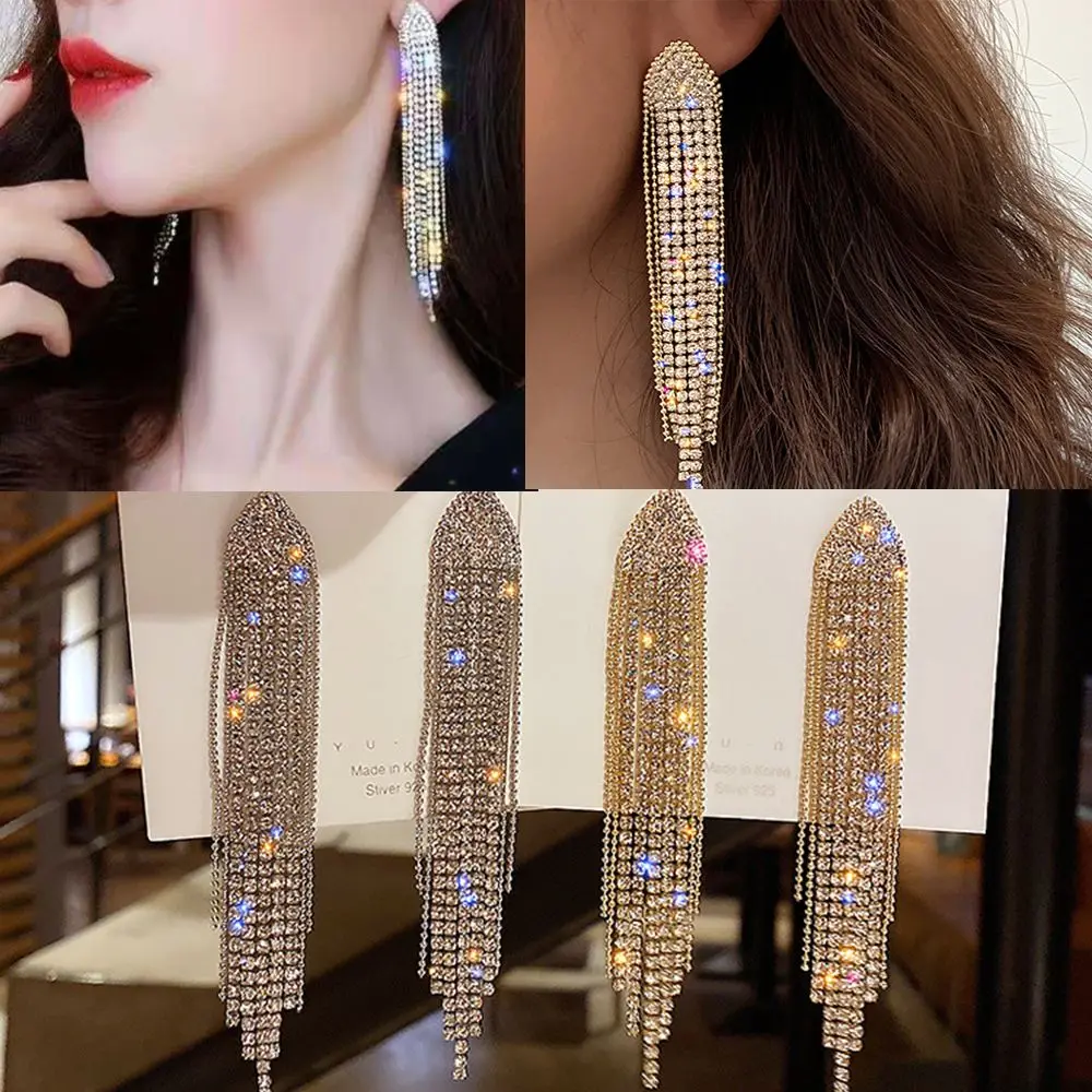 ترف المرأة الزفاف الزفاف بلينغ استرخى حجر الراين أقراط قطرة شرابة أقراط طويلة شرابة حجر الراين