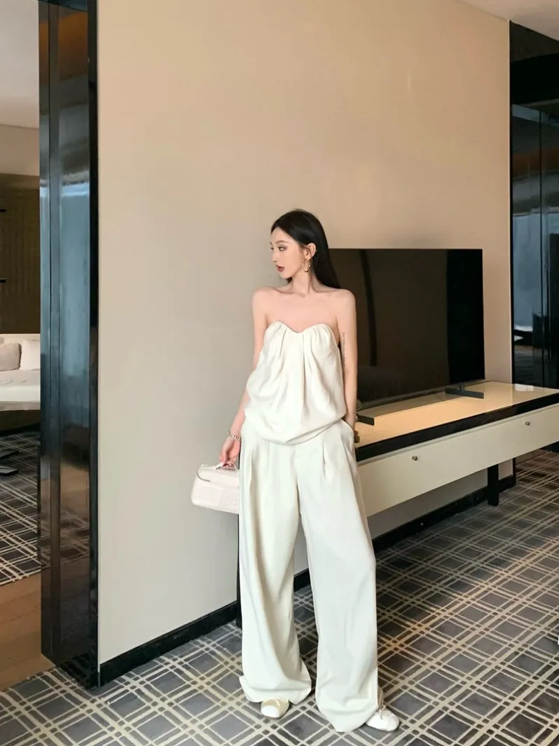

Summer Fashion Casual Wide Leg Pants Two Piece Set Women's Sleeveless Tube Top Tank Top Design Sensual Hot Girl Backless Ense...