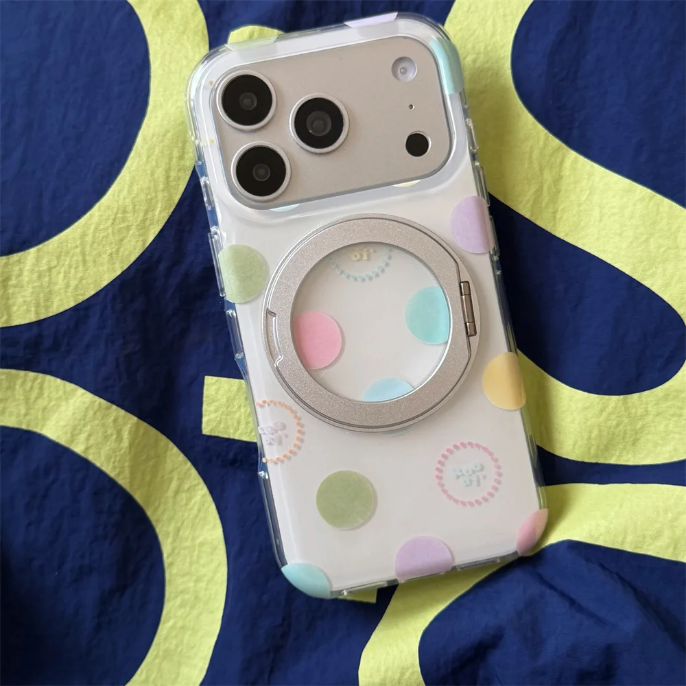 Kawaii Multicolor Polka Dot Phone Case For iPhone 15 16 17 Pro Max Cute With Rotatable Magnetic Ring Stand Protective Cover