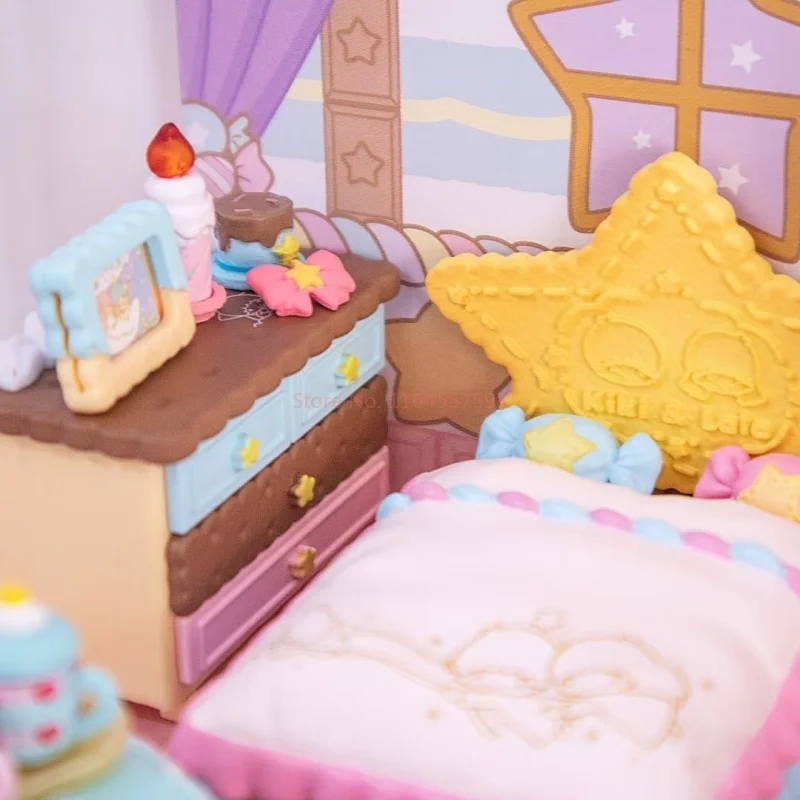 Rement Miniature Scene Sanrio Twin Stars Pink Candy House Model Desktop Ornament Blind Box Cute Anime Figurine Collectible Toy