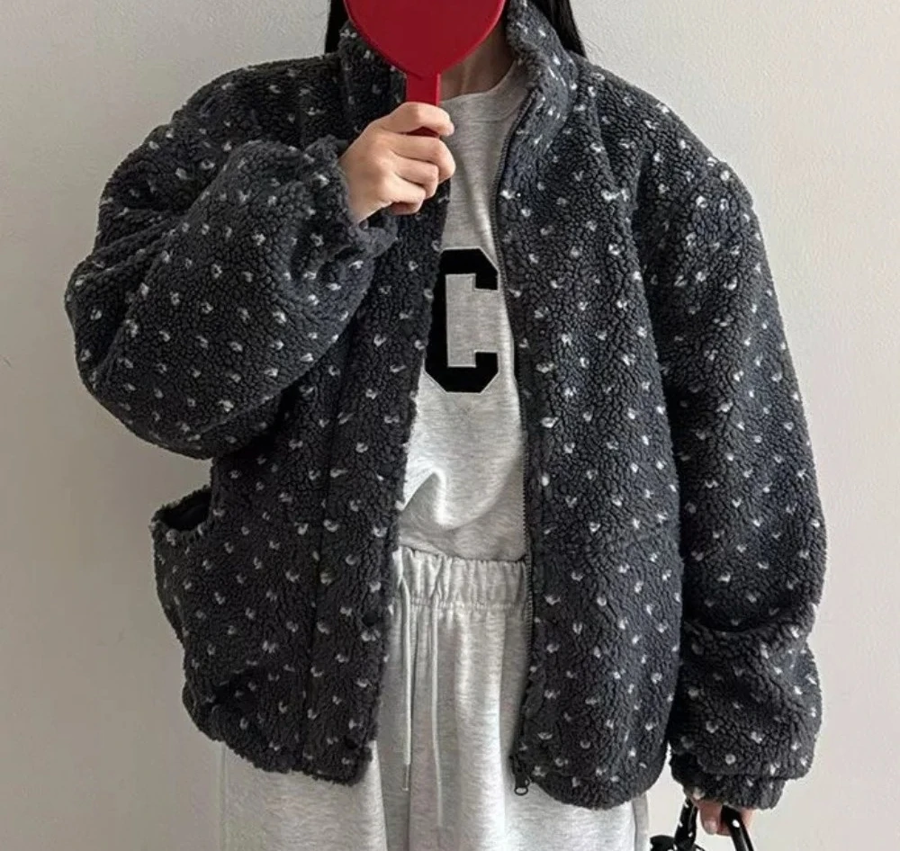 

Chic Autumn Winter ort Lamb Fur Women's Faionable Versatile Heart Dot Patterned Coat Warm Straight Cut Cotton