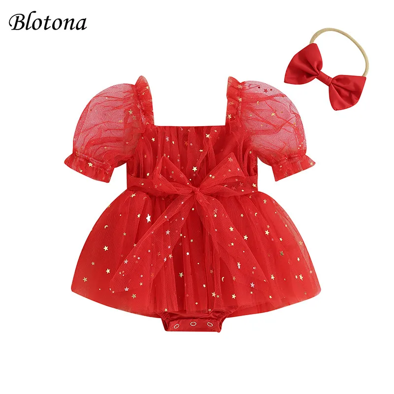 

Blotona Baby Girls 2Pcs Christmas Outfits Short Puff Sleeve Romper Tulle Dress + Headband Set Newborn Clothes 0-18Months