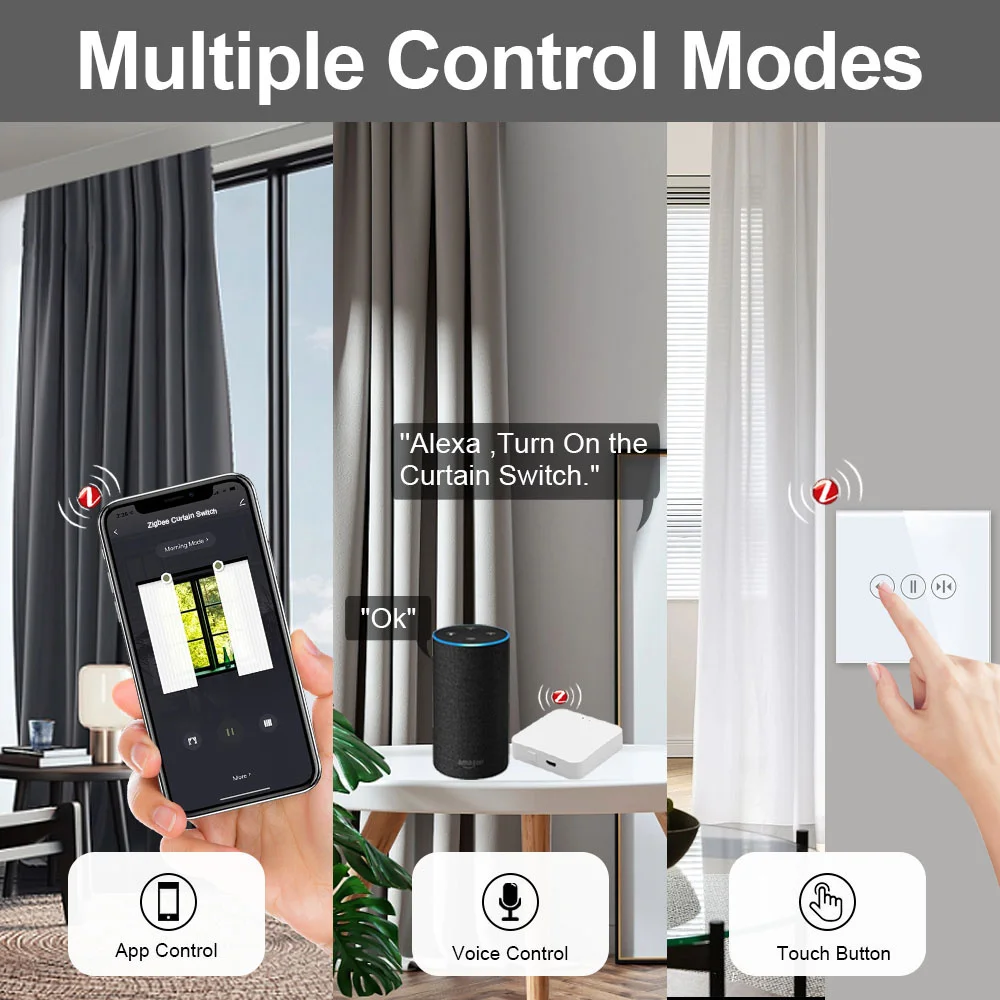 TAWOIA ZigBee Curtain Touch Switch Smart Wall Electric Curtain Switch Tuya Smart Life APP Google Alexa Alice Voice Control