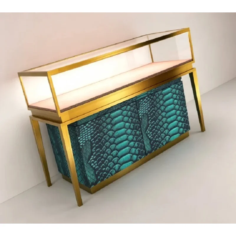custom.Luxury Gold Frame Snakeskin Texture Jewelry Display Premium Glass Showcase LED Lighting Durable Design High-End