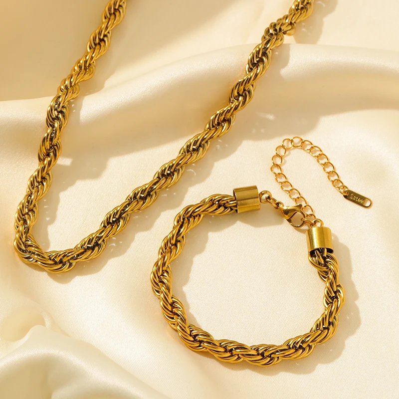 EILIECK 316L Edelstahl Dicke Gedrehte Metallkette Halskette Armband für Damen 18K Vergoldet Wasserdichtes Schmuckset – Detail 12