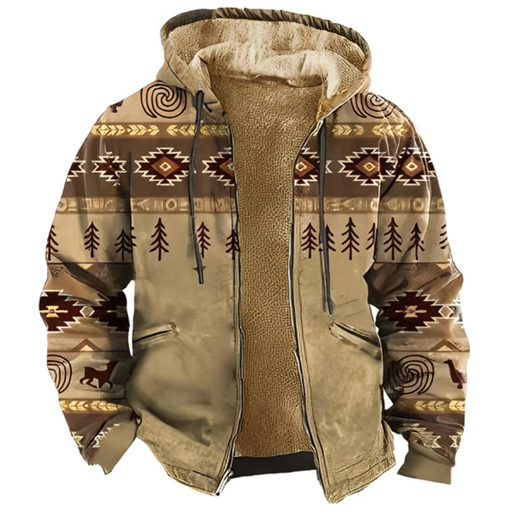 

Men's Winter Jacket Vintage Fleece Male Coat Warm Hoodies For Men Tribal Traditional Print Holiday Outerwear Casaco Masculino