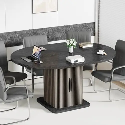 Extendable Black Round Conference Table for 4-8 People, 43-59Inch | Modern Oval Meeting Room Table with Storage, Fluted