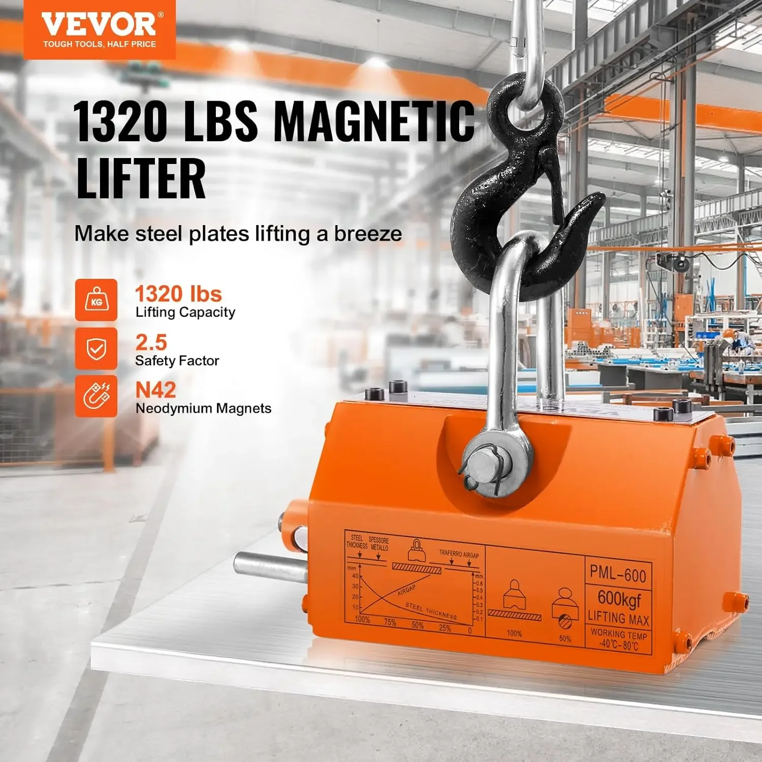 Magnetic Lifter, 600kg Pulling Capacity, 2.5 Safety Factor, Steel and Neodymium, Lifting Magnet with Release, Permanent Lift Mag