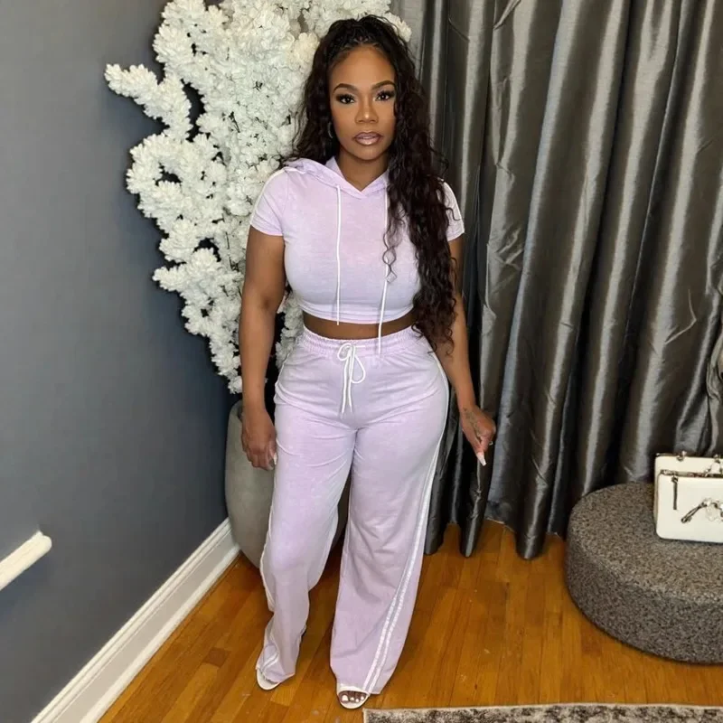 

Женский однотонный потертый повседневный комплект из 2 предметов, спортивные костюмы, футболки с короткими рукавами и капюшоном, укороченные топы + широкие брюки, модный уличный костюм