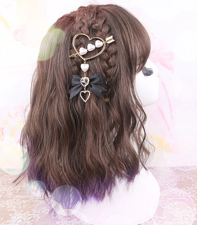 Harajuku دبوس الشعر اليابانية الحلو الألغام اللؤلؤ القلب السهم القوطية لوليتا الشعر القوس حجر الراين الجانب كليب مقاطع الشعر للنساء