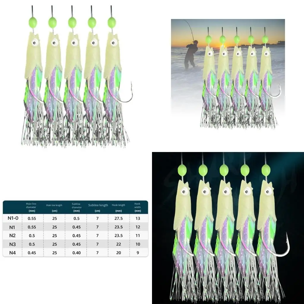 

R6FE 5Pcs Luminous Fishing Rig Fishing Lures Baits Rig Fish Skin Rig Fishing Hook