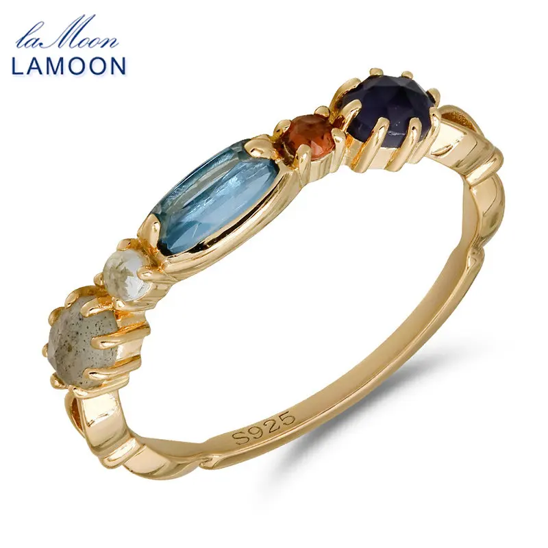 LAMOON Colorful Natrual Topaz Labradorite Gemstone Ring For Women 925 Sterling Silver Gold Plated Fine Jewelry Accessories Gift