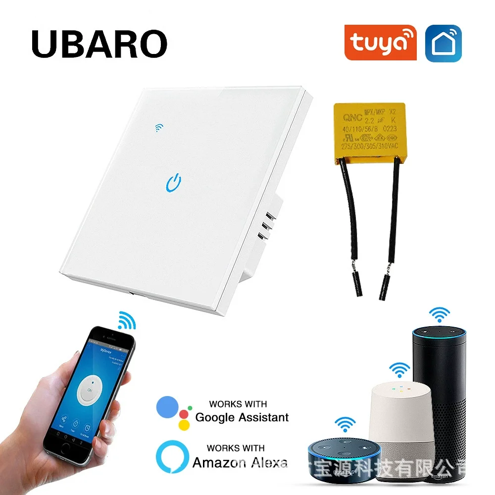 

Tuya Wifi Smart Switch Tempered Glass Panel Blue Red Indicator Light European Standard Marusya Voice APP Single Zero Fire Switch