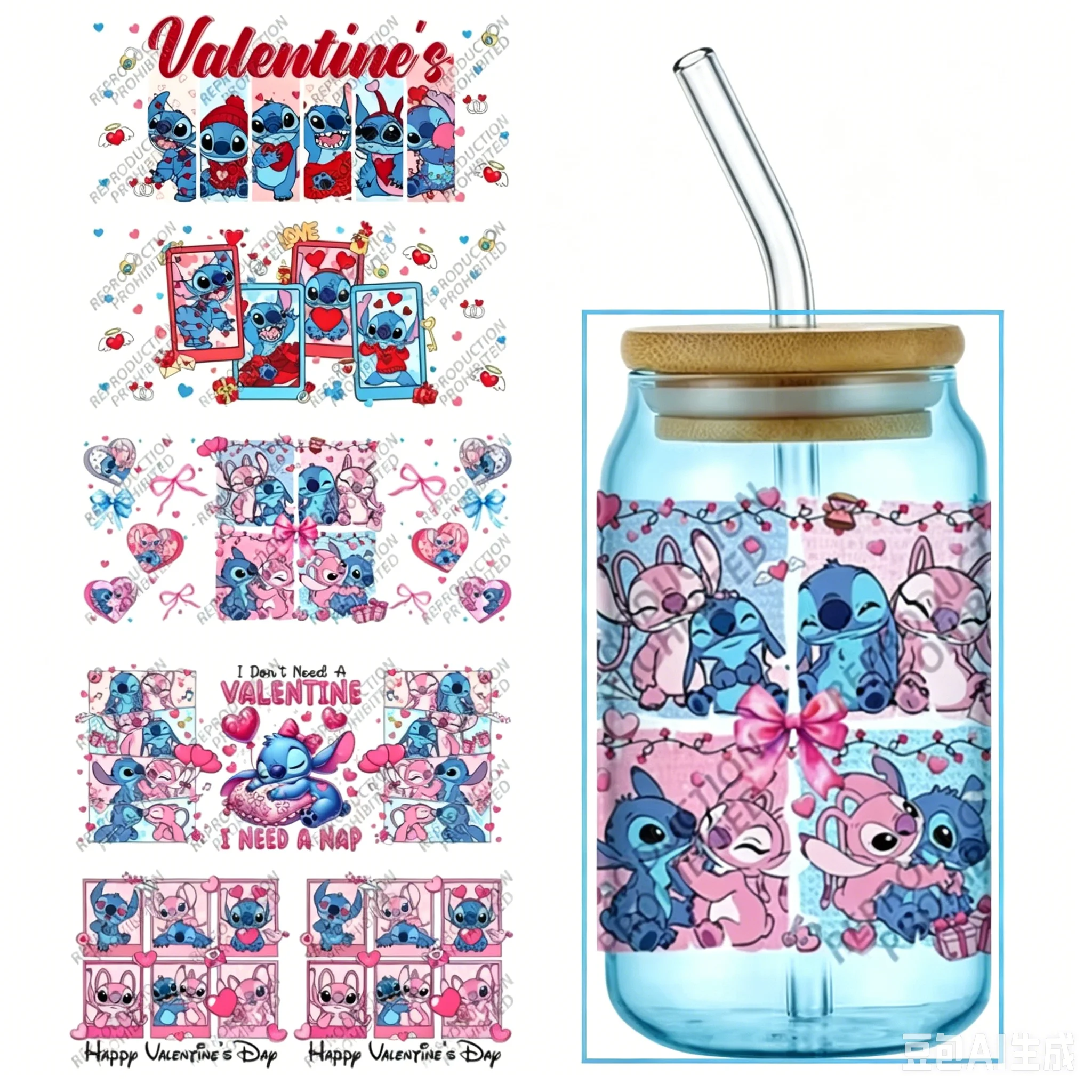 Popular love's cartoon Series easy peel waterproof DIY Decals Beauty 3D transfers uvdtf crystal sticker 16oz uv dtf cup wraps