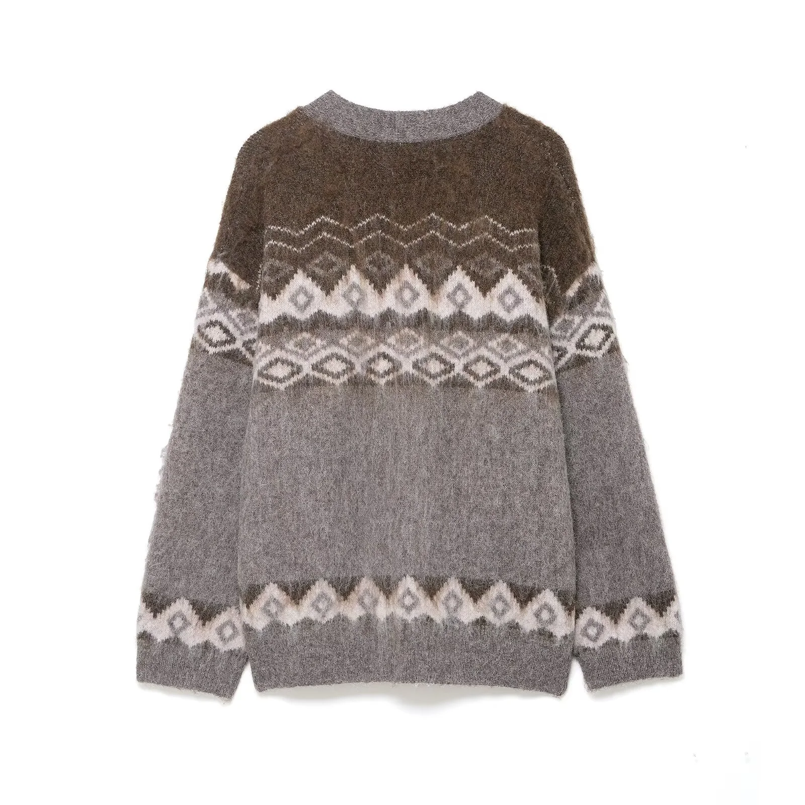 เสื้อคลุมคาร์ดิแกนไหมพรมถักลายแจ็คการ์ดแบบลำลองสไตล์สบายๆ คอวี แขนยาว แต่งขาดๆ ติดกระดุม สำหรับผู้หญิง ฤดูหนาว 2025