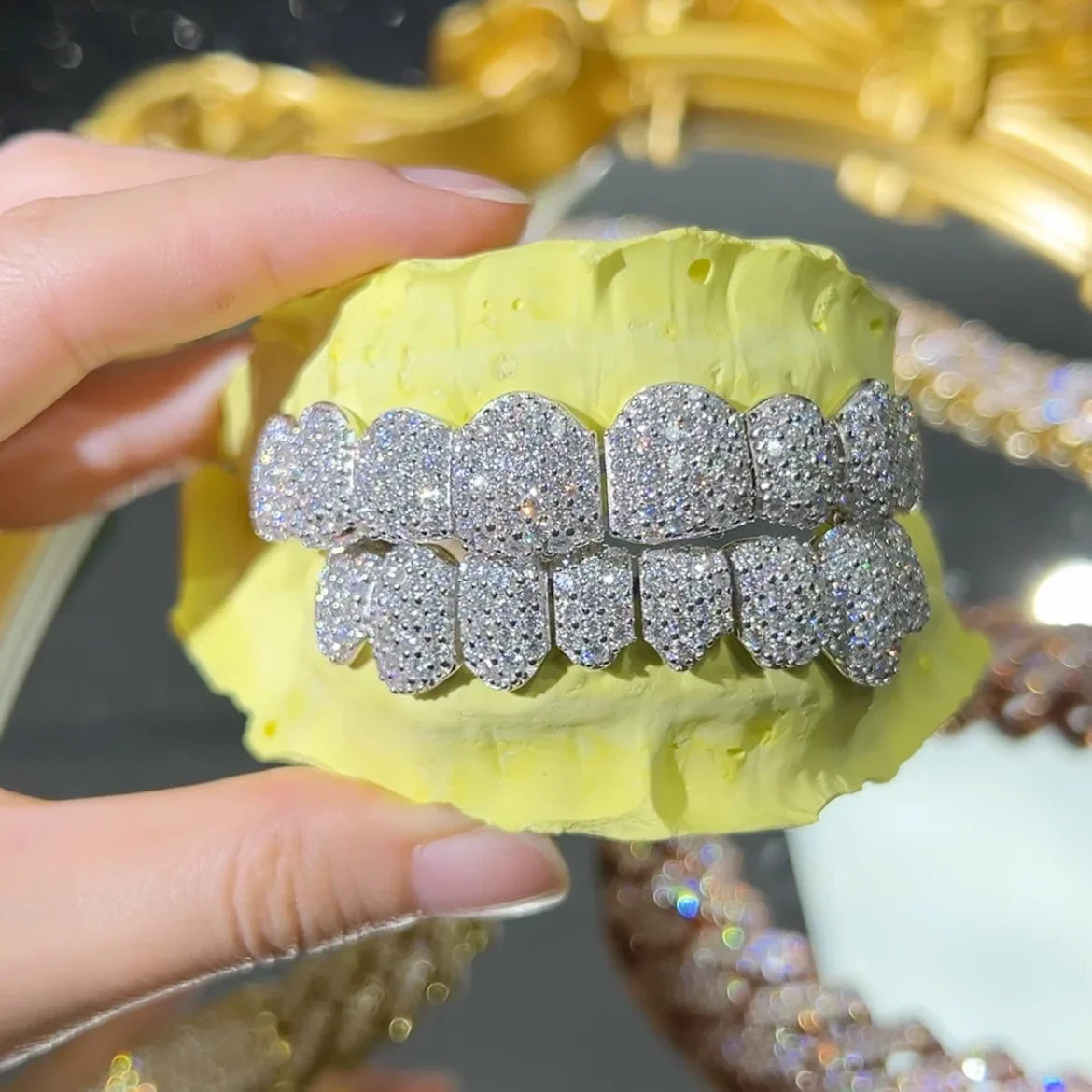 MayatangRappers Iced Out Hip Hop Grillz Diamond Teeth 8 Top 8 Bottom Gold Plated 925 Sterling Sliver VVS Moissanite Grillz Men J