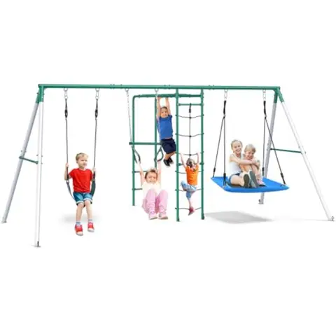Outdoor backyard playset for kids featuring monkey bars belt swing platform swing climbing net and trapeze bar durable safe and