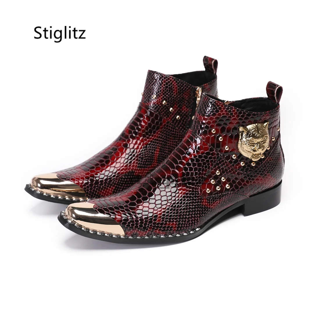 

Wine Red Snake Pattern Men's Boots Metal Iron Toe Rivets Tiger Head Ankle Boots Formal Genuine Leather Wedding Shoes for Men