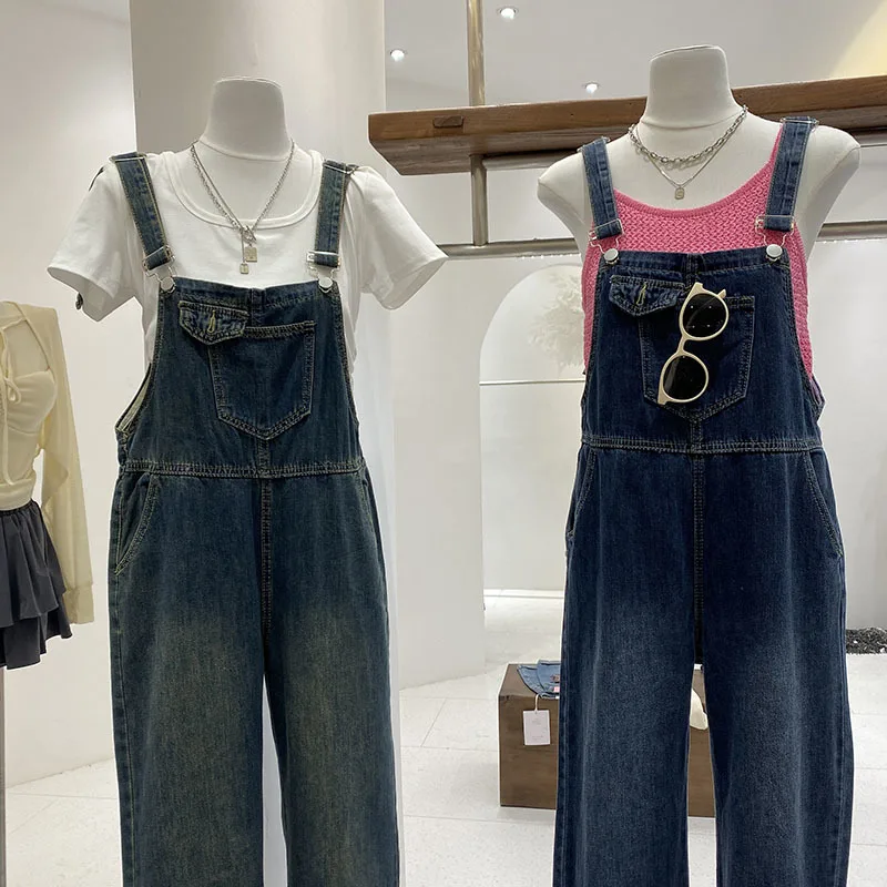 Spring Autumn Denim Jumpsuits Women Loose Solid Chic Big-pockets Sleeveless All-match Student Straight Jumpsuit Trousers Outwear