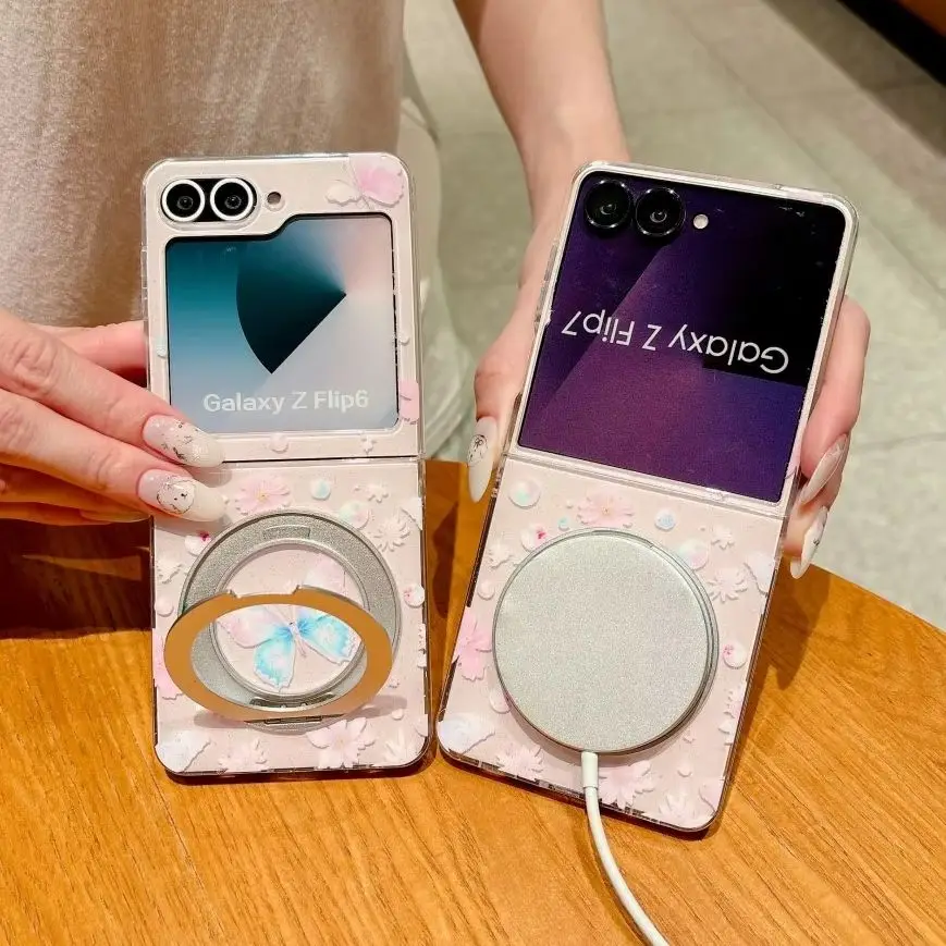 

Flower Butterfly For Samsung Galaxy Z Flip 6 7 FE 5G Case Magnetic Wireless Charger Rotating Holder Shell Shockproof Back Cover