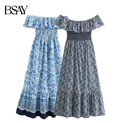 BSAY Women Fashion Summer New Off Shoulder Splicing Flower Printed Long Vest Dress Chic Female Elegant Sleeveless Evening