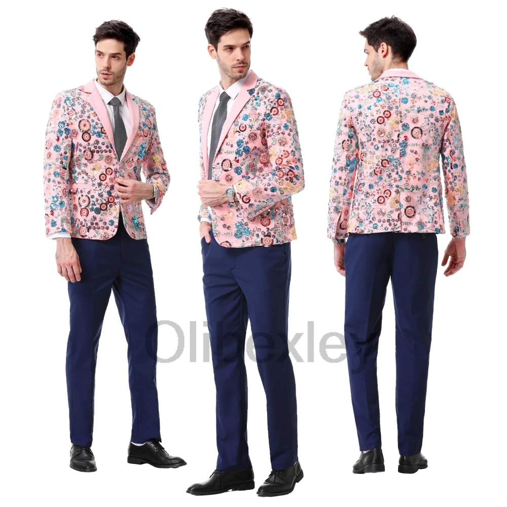 Olibexley Luxury Men's Suit Set Applique Floral 2 Piece Pink Sequin Pattern Slim Fit Party Dress Blazer Pants Customized S410
