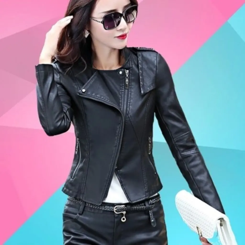 Women's Korean Style Motorcycle PU Leather Short Slim-Fit Coat with Vertical Collar And Rivets New Arrival Fashion Outerwear