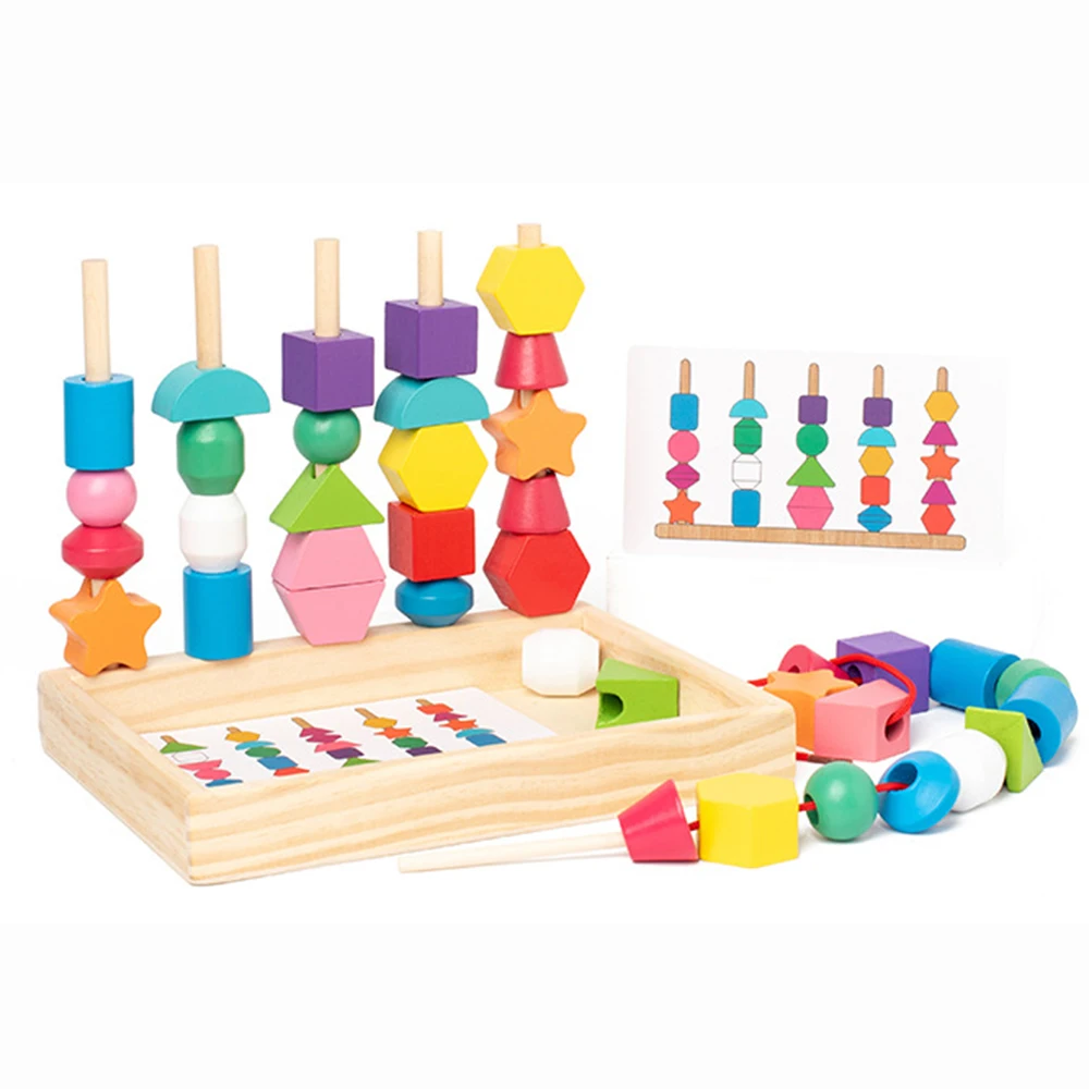 Ensemble de jouets géométriques assortis en perles de bois pour enfants, jouets éducatifs précoces, jouet de fête pour enfants
